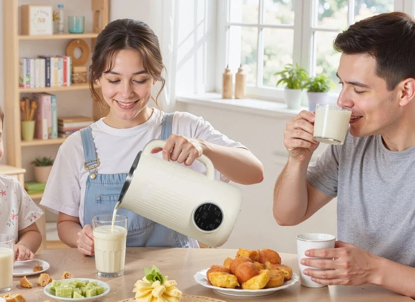 Pouring fresh oat milk from the Milkly maker at breakfast