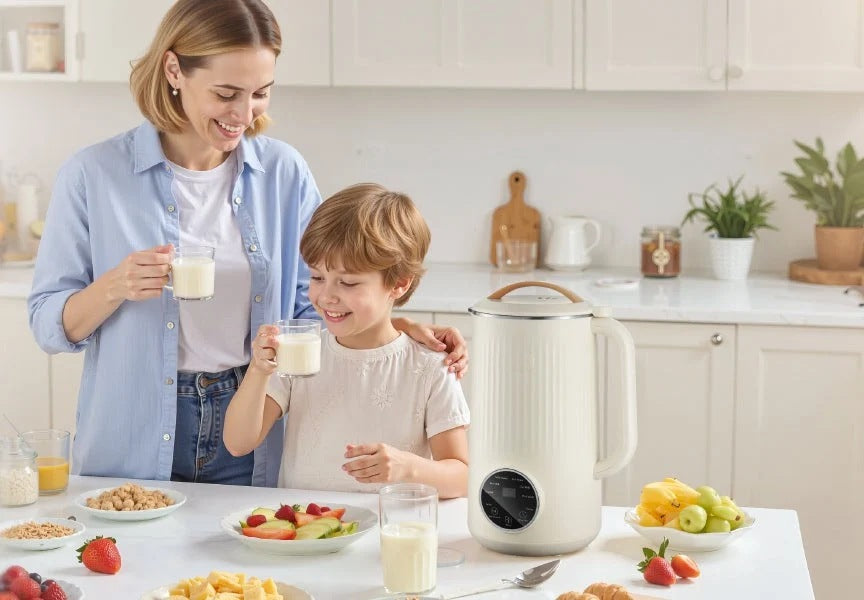 Milkly plant milk maker on a kitchen counter at breakfast